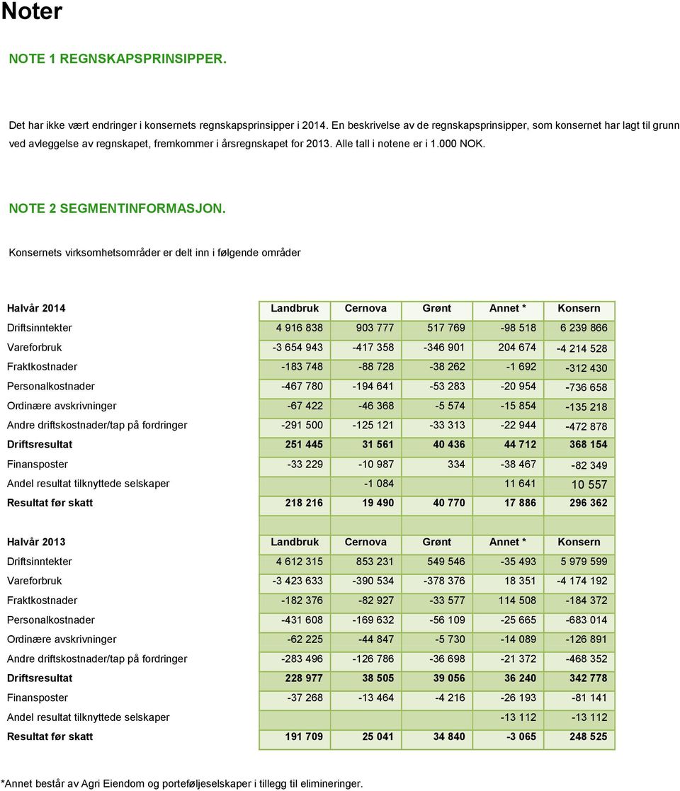 NOTE 2 SEGMENTINFORMASJON.