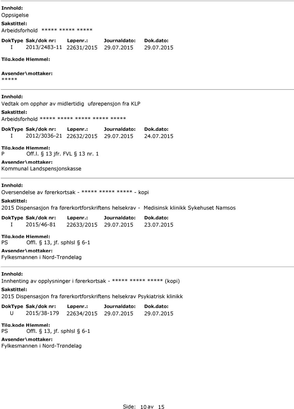 2015 Oversendelse av førerkortsak - ***** ***** ***** - kopi 2015 Dispensasjon fra førerkortforskriftens helsekrav - Medisinsk klinikk Sykehuset Namsos 2015/46-81