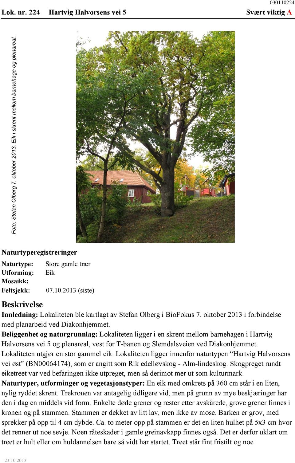 2013 (siste) Beskrivelse Innledning: Lokaliteten ble kartlagt av Stefan Olberg i BioFokus 7. oktober 2013 i forbindelse med planarbeid ved Diakonhjemmet.