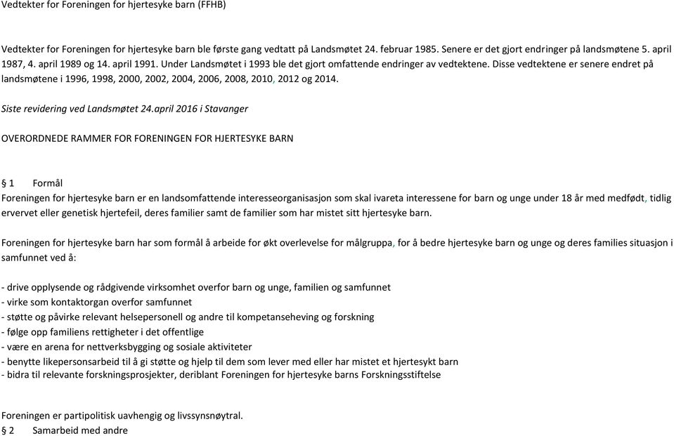 Disse vedtektene er senere endret på landsmøtene i 1996, 1998, 2000, 2002, 2004, 2006, 2008, 2010, 2012 og 2014. Siste revidering ved Landsmøtet 24.