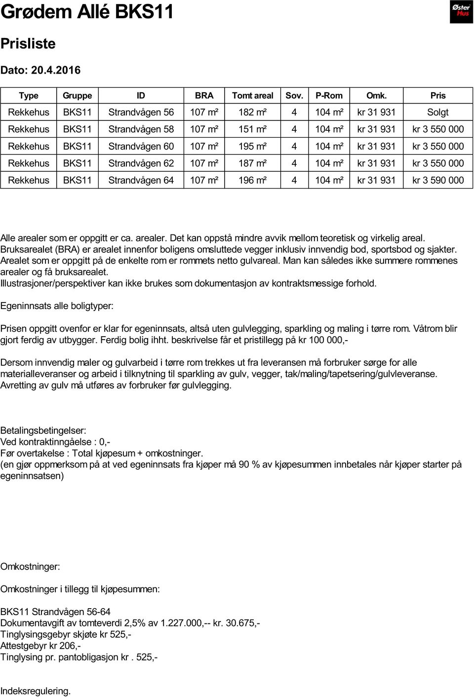 m² kr 31 931 kr 3 550 000 Rekkehus BKS11 Strandvågen 62 107 m² 187 m² 4 104 m² kr 31 931 kr 3 550 000 Rekkehus BKS11 Strandvågen 64 107 m² 196 m² 4 104 m² kr 31 931 kr 3 590 000 Alle arealer som er