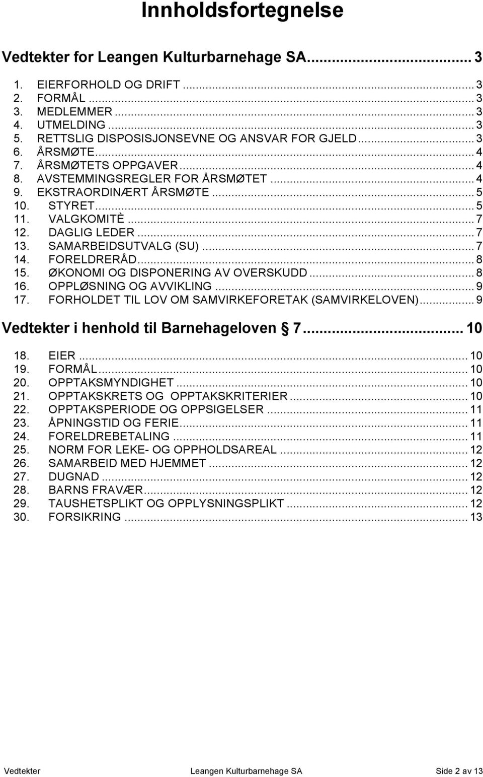 FORELDRERÅD... 8 15. ØKONOMI OG DISPONERING AV OVERSKUDD... 8 16. OPPLØSNING OG AVVIKLING... 9 17. FORHOLDET TIL LOV OM SAMVIRKEFORETAK (SAMVIRKELOVEN)... 9 Vedtekter i henhold til Barnehageloven 7.