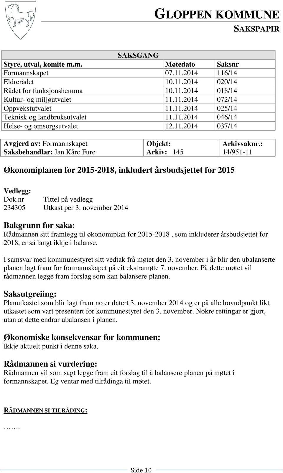 : 14/951-11 Økonomiplanen for 2015-2018, inkludert årsbudsjettet for 2015 Vedlegg: Dok.nr Tittel på vedlegg 234305 Utkast per 3.