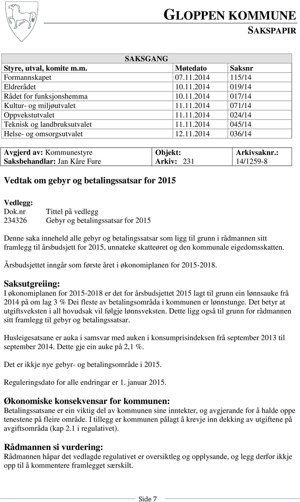 : 14/1259-8 Vedtak om gebyr og betalingssatsar for 2015 Vedlegg: Dok.