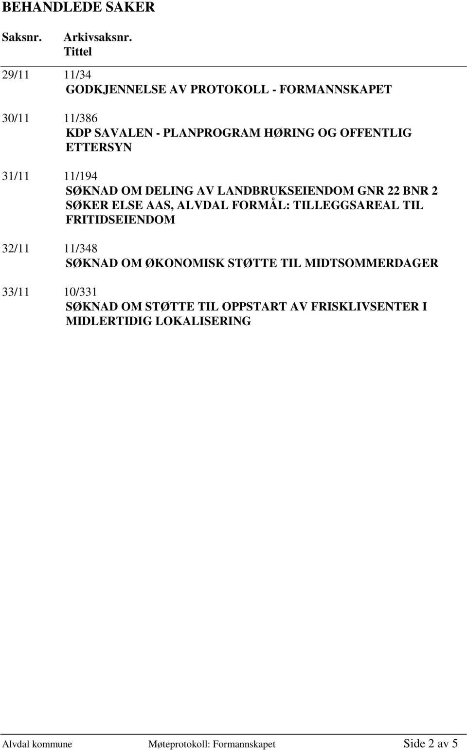 ETTERSYN 31/11 11/194 SØKNAD OM DELING AV LANDBRUKSEIENDOM GNR 22 BNR 2 SØKER ELSE AAS, ALVDAL FORMÅL: TILLEGGSAREAL TIL