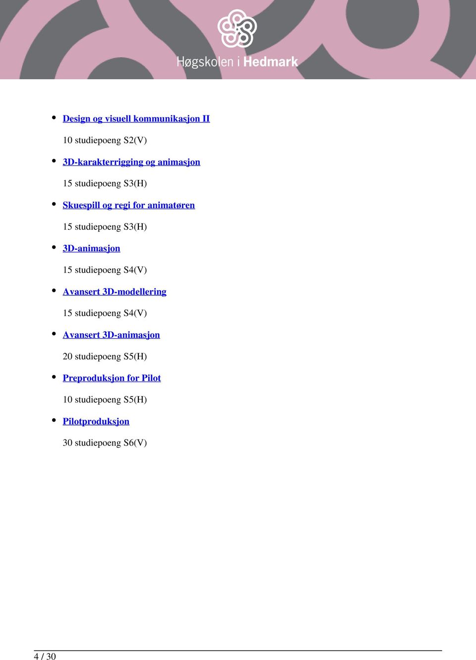 studiepoeng S4(V) Avansert 3D-modellering 15 studiepoeng S4(V) Avansert 3D-animasjon 20