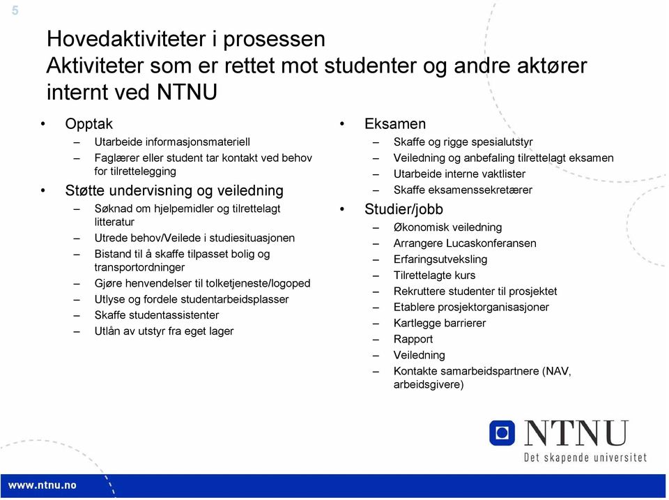 Gjøre henvendelser til tolketjeneste/logoped Utlyse og fordele studentarbeidsplasser Skaffe studentassistenter Utlån av utstyr fra eget lager Eksamen Skaffe og rigge spesialutstyr Veiledning og