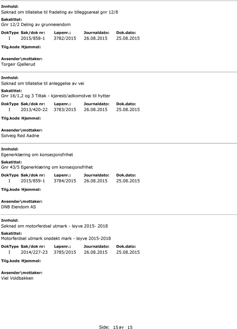 Aadne Egenerklæring om konsesjonsfrihet Gnr 43/5 Egenerklæring om konsesjonsfrihet 2015/859-1 3784/2015 DNB Eiendom AS Søknad om