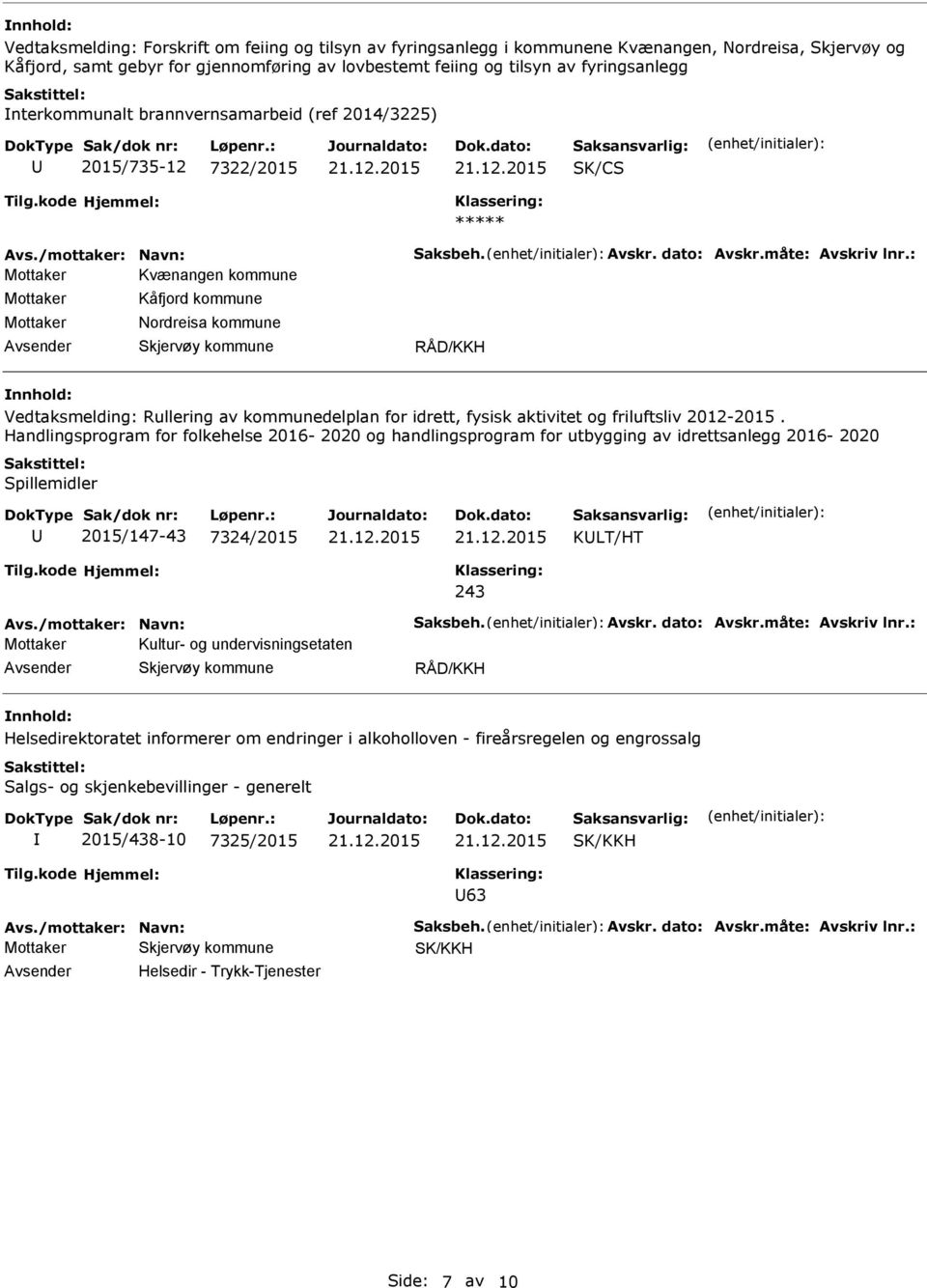 : Mottaker Kvænangen kommune Mottaker Mottaker Kåfjord kommune Nordreisa kommune RÅD/KKH Vedtaksmelding: Rullering av kommunedelplan for idrett, fysisk aktivitet og friluftsliv 2012-2015.