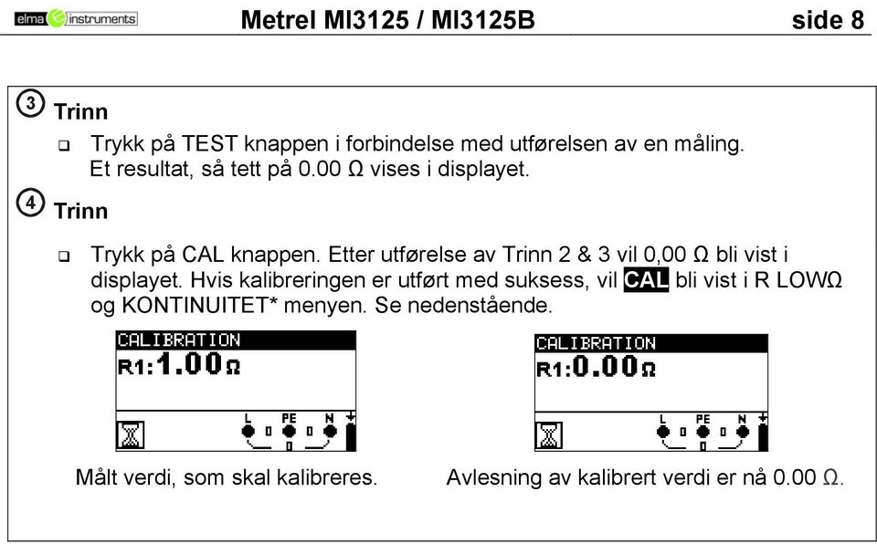 Etter utførelse av Trinn 2 & 3 vil 0,00 Ω bli vist i displayet.