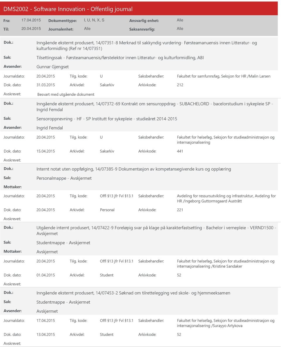 2015 Arkivdel: Sakarkiv Besvart med utgående dokument Inngående eksternt produsert, 14/07372-69 Kontrakt om sensuroppdrag - SBACHELORD - bacelorstudium i sykepleie SP - Ingrid Femdal Sensoroppnevning