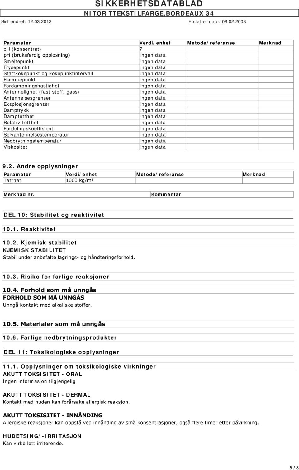 Andre opplysninger Parameter Verdi/enhet Metode/referanse Merknad Tetthet 1000 kg/m³ Merknad nr. Kommentar DEL 10: Stabilitet og reaktivitet 10.1. Reaktivitet 10.2.