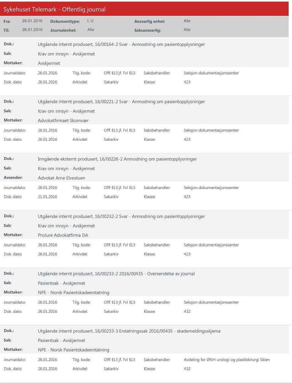 Elvestuen Utgående internt produsert, 16/00232-2 Svar - Anmodning om pasientopplysninger ProJure Advokatfirma DA Utgående internt