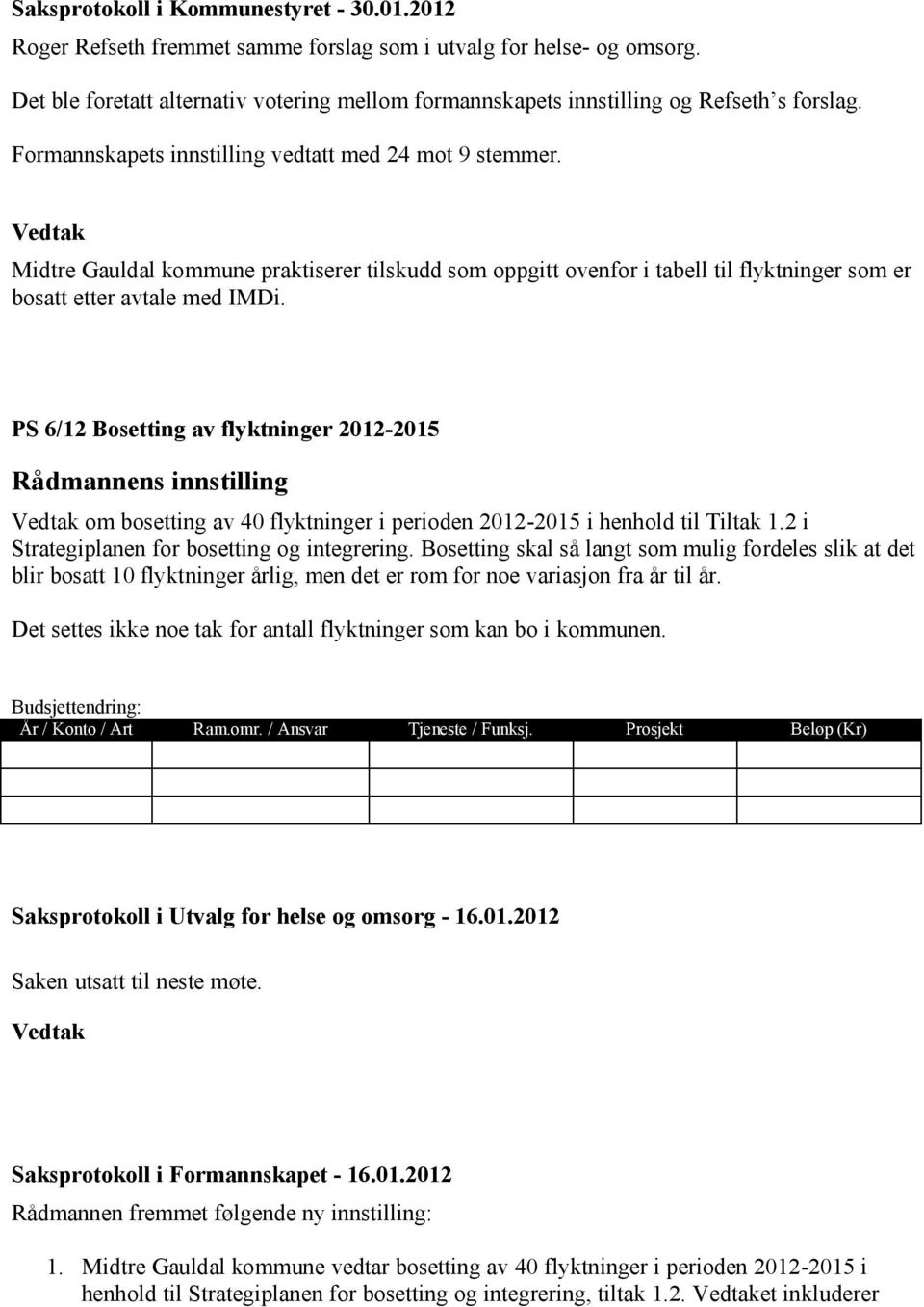 PS 6/12 Bosetting av flyktninger 2012-2015 om bosetting av 40 flyktninger i perioden 2012-2015 i henhold til Tiltak 1.2 i Strategiplanen for bosetting og integrering.