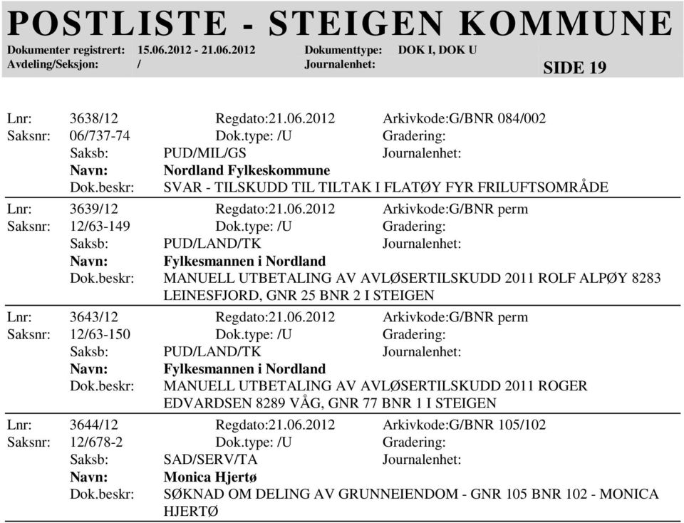 2012 Arkivkode:G/BNR perm Saksnr: 12/63-149 Dok.type: /U Gradering: MANUELL UTBETALING AV AVLØSERTILSKUDD 2011 ROLF ALPØY 8283 LEINESFJORD, GNR 25 BNR 2 I STEIGEN Lnr: 3643/12 Regdato:21.06.