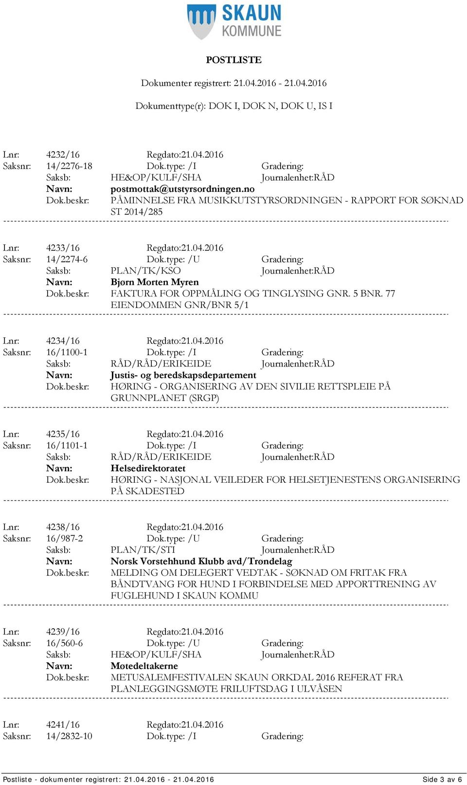 type: /U Gradering: Saksb: PLAN/TK/KSO Journalenhet:RÅD Bjørn Morten Myren FAKTURA FOR OPPMÅLING OG TINGLYSING GNR. 5 BNR. 77 EIENDOMMEN GNR/BNR 5/1 Lnr: 4234/16 Regdato:21.04.