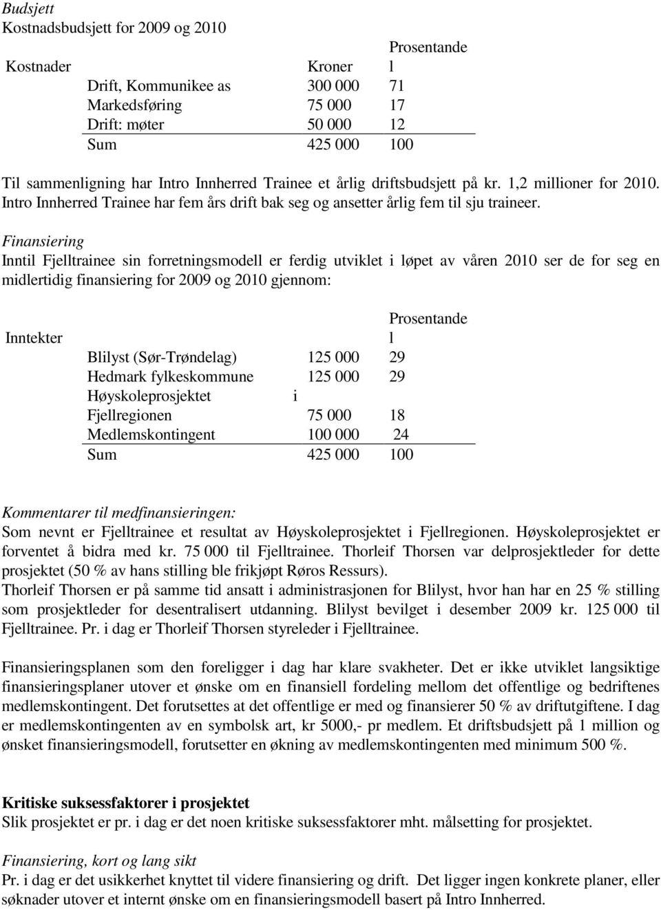 Finansiering Inntil Fjelltrainee sin forretningsmodell er ferdig utviklet i løpet av våren 2010 ser de for seg en midlertidig finansiering for 2009 og 2010 gjennom: Inntekter Prosentande l Blilyst