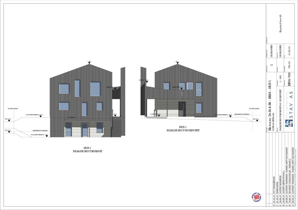 4 HUS FASADE MOT NORDVEST PLANNERT TERRENG +88.5 VEI +87.