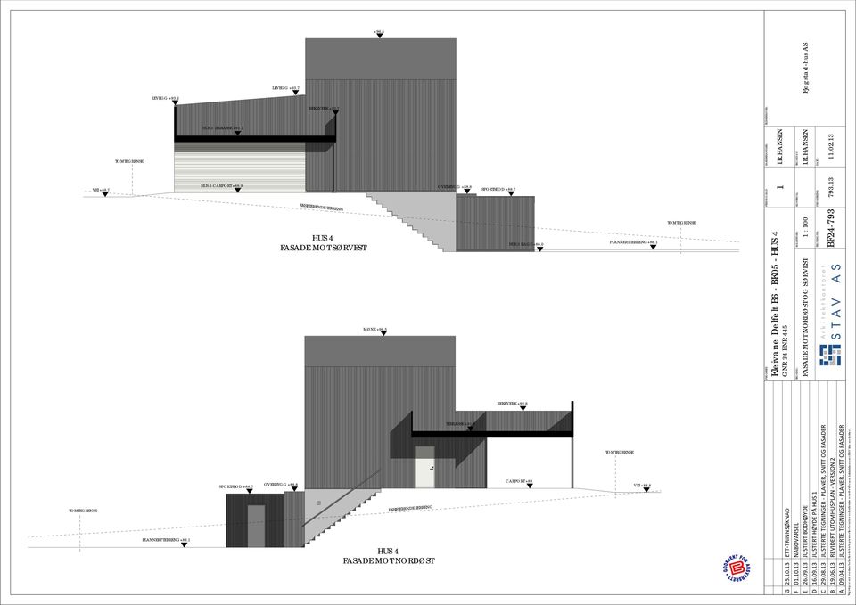 7 HUS 4 FASADE MOT SØRVEST PLANNERT TERRENG+86. HUS 4 FASADE MOT NORDØST B 9.06.3 REVIDERT UTOMHUSPLAN VERSJON 2 C 29.08.