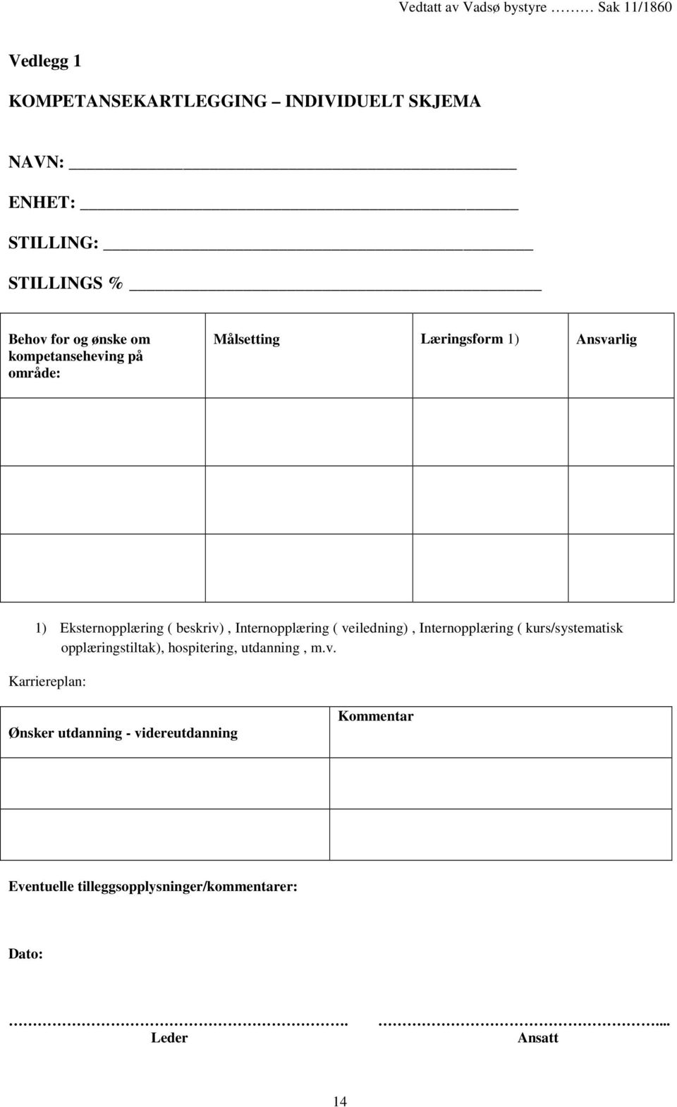 ( veiledning), Internopplæring ( kurs/systematisk opplæringstiltak), hospitering, utdanning, m.v. Karriereplan: