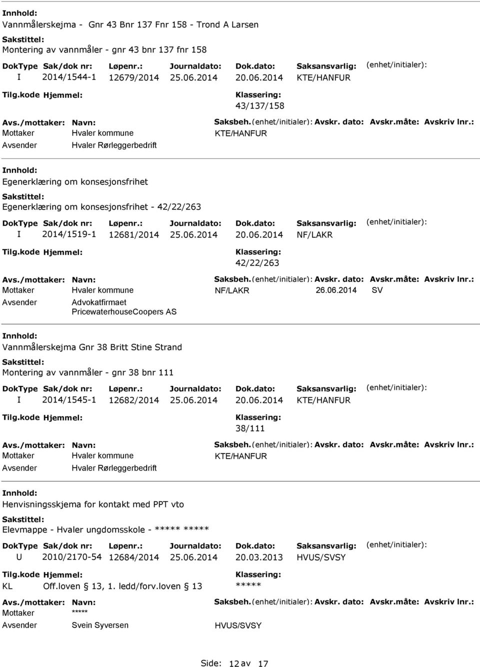 2014 SV Advokatfirmaet PricewaterhouseCoopers AS nnhold: Vannmålerskejma Gnr 38 Britt Stine Strand Montering av vannmåler - gnr 38 bnr 111 2014/1545-1 12682/2014 38/111