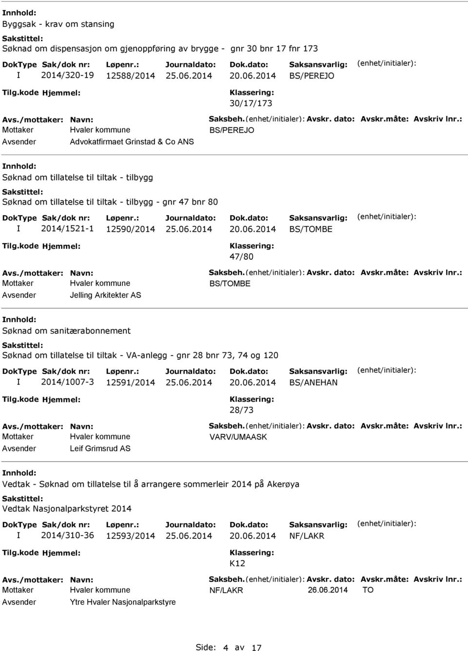 nnhold: Søknad om sanitærabonnement Søknad om tillatelse til tiltak - VA-anlegg - gnr 28 bnr 73, 74 og 120 2014/1007-3 12591/2014 BS/ANEHAN 28/73 VARV/MAASK Leif Grimsrud AS