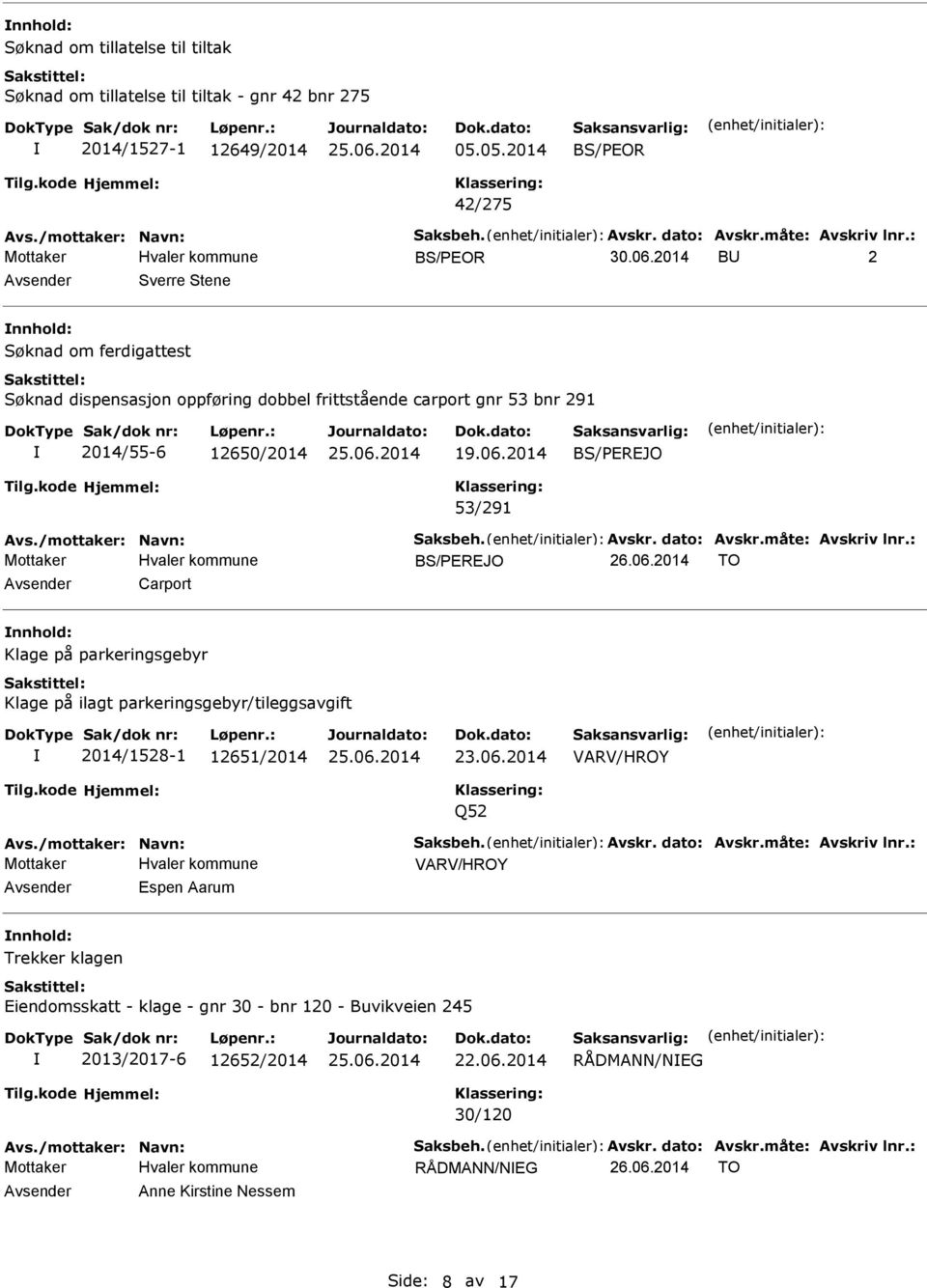 2014 53/291 26.06.2014 TO Carport nnhold: Klage på parkeringsgebyr Klage på ilagt parkeringsgebyr/tileggsavgift 2014/1528-1 12651/2014 23.06.2014 VARV/HROY Q52 VARV/HROY Espen Aarum nnhold: Trekker klagen Eiendomsskatt - klage - gnr 30 - bnr 120 - Buvikveien 245 2013/2017-6 12652/2014 22.