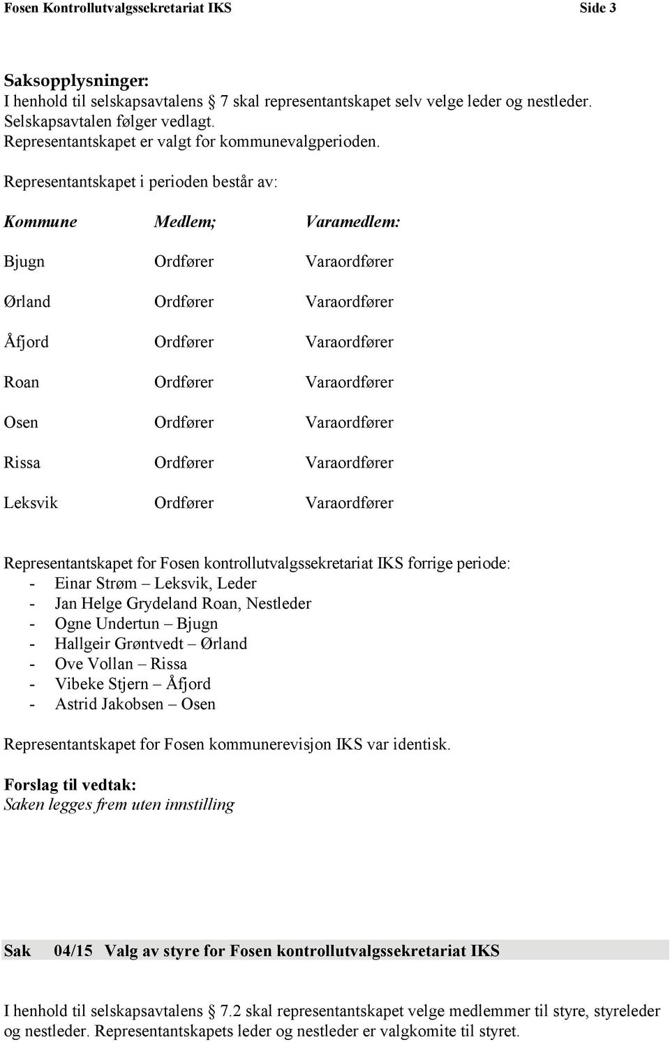 Representantskapet i perioden består av: Kommune Medlem; Varamedlem: Bjugn Ordfører Varaordfører Ørland Ordfører Varaordfører Åfjord Ordfører Varaordfører Roan Ordfører Varaordfører Osen Ordfører