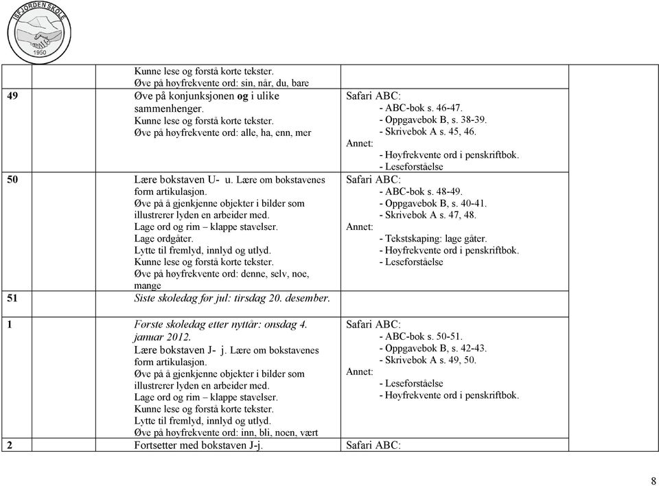 - Skrivebok A s. 45, 46. - ABC-bok s. 48-49. - Oppgavebok B, s. 40-41. - Skrivebok A s. 47, 48. - Tekstskaping: lage gåter. 1 Første skoledag etter nyttår: onsdag 4.