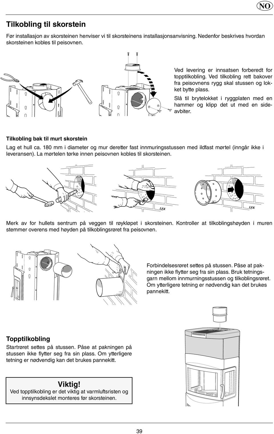 Slå til brytelokket i ryggplaten med en hammer og klipp det ut med en sideavbiter. Tilkobling bak til murt skorstein Lag et hull ca.