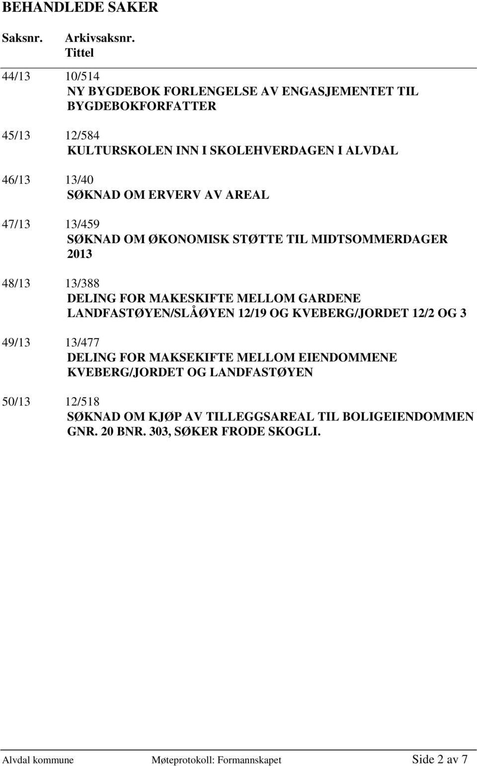 SØKNAD OM ERVERV AV AREAL 47/13 13/459 SØKNAD OM ØKONOMISK STØTTE TIL MIDTSOMMERDAGER 2013 48/13 13/388 DELING FOR MAKESKIFTE MELLOM GARDENE