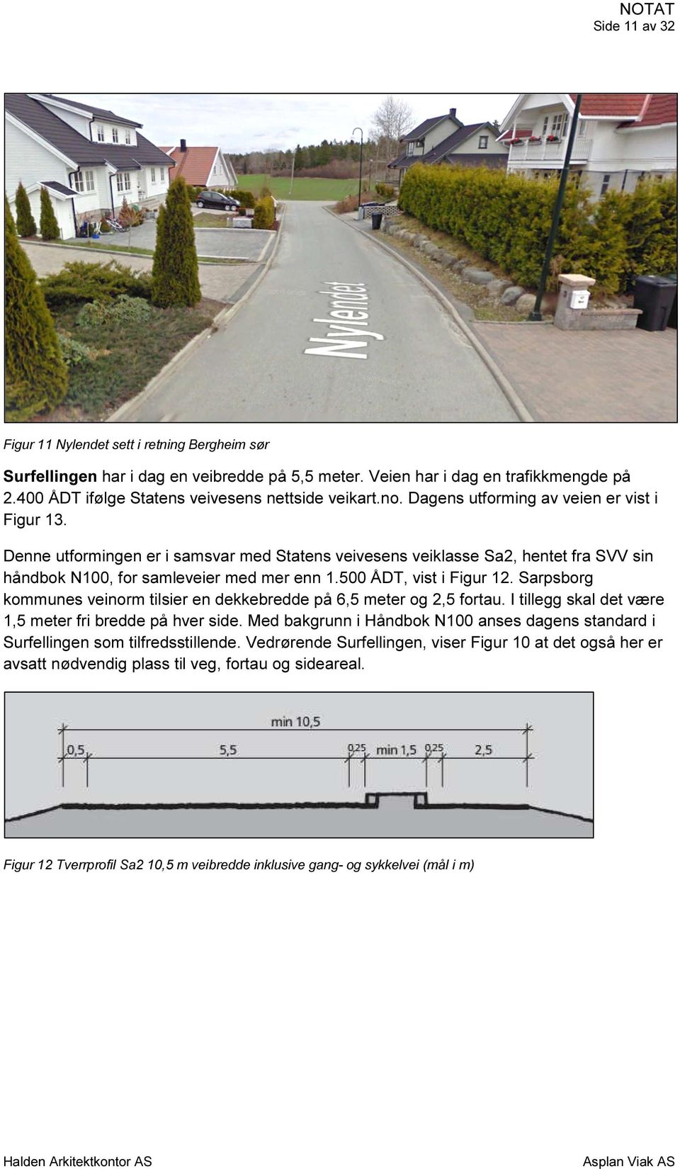 500 ÅDT, vist i Figur 12. Sarpsborg kommunes veinorm tilsier en dekkebredde på 6,5 meter og 2,5 fortau. I tillegg skal det være 1,5 meter fri bredde på hver side.