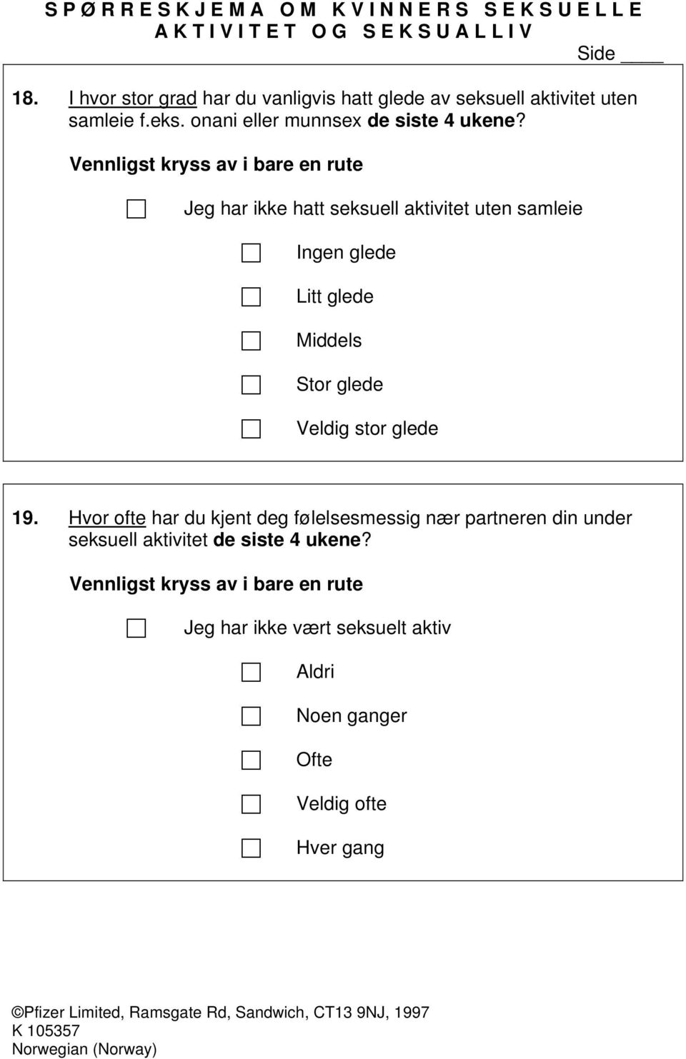 Jeg har ikke hatt seksuell aktivitet uten samleie Ingen glede Litt glede Middels Stor