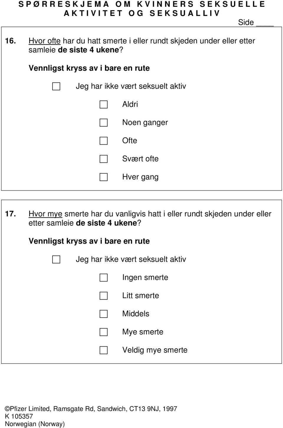 Hvor mye smerte har du vanligvis hatt i eller rundt skjeden under