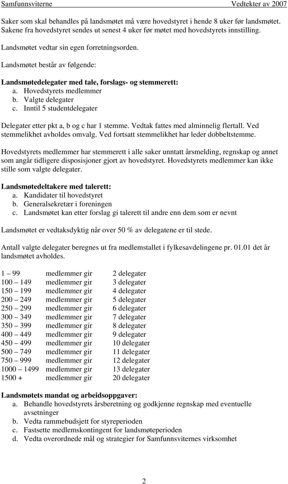 Inntil 5 studentdelegater Delegater etter pkt a, b og c har 1 stemme. Vedtak fattes med alminnelig flertall. Ved stemmelikhet avholdes omvalg. Ved fortsatt stemmelikhet har leder dobbeltstemme.