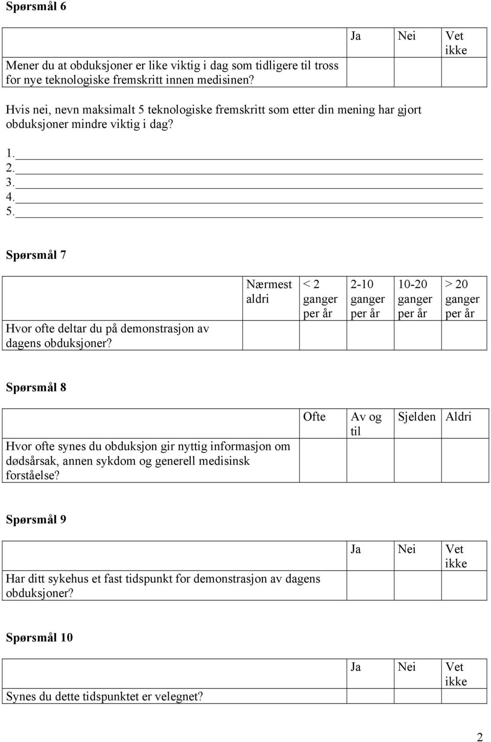 Nærmest aldri < 2 ganger per år 2-10 ganger per år 10-20 ganger per år > 20 ganger per år Spørsmål 8 Hvor ofte synes du obduksjon gir nyttig informasjon om dødsårsak, annen