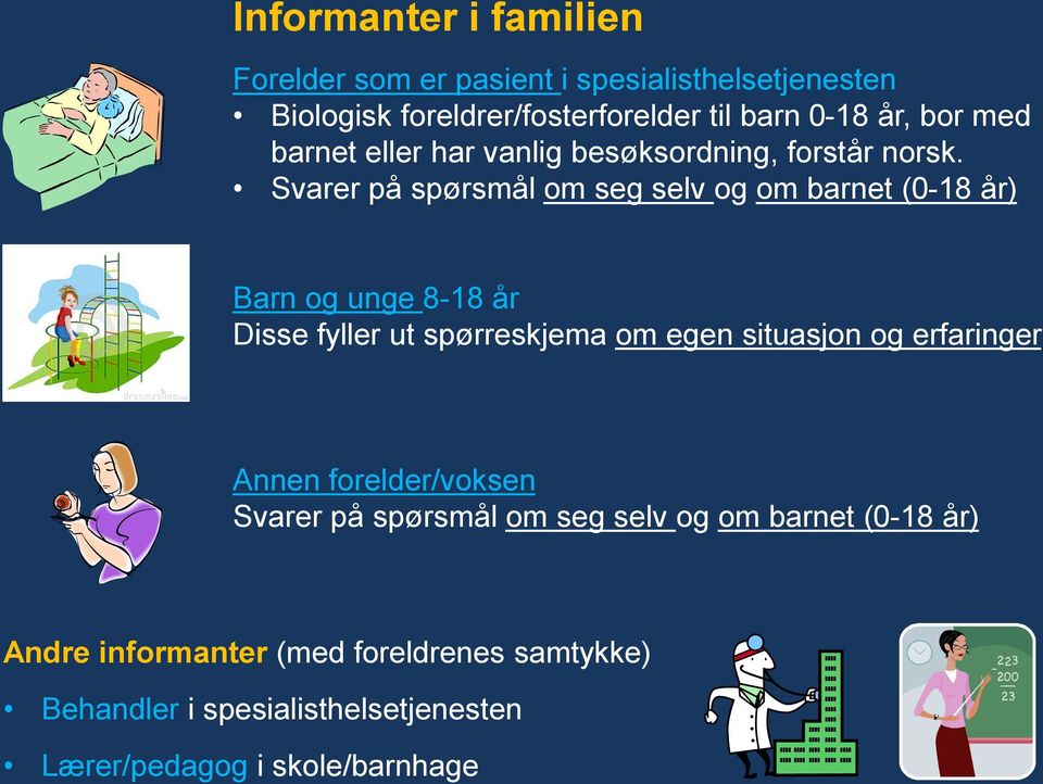 Svarer på spørsmål om seg selv og om barnet (0-18 år) Barn og unge 8-18 år Disse fyller ut spørreskjema om egen situasjon og