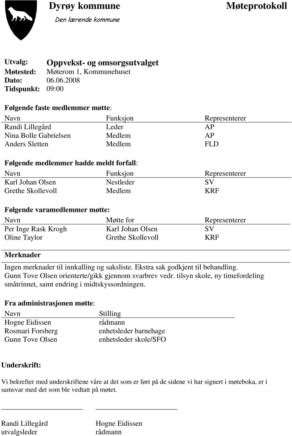 forfall: Navn Funksjon Representerer Karl Johan Olsen Nestleder SV Grethe Skollevoll Medlem KRF Følgende varamedlemmer møtte: Navn Møtte for Representerer Per Inge Rask Krogh Karl Johan Olsen SV