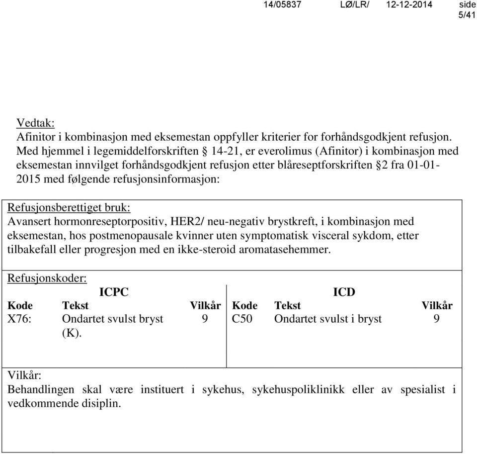 refusjonsinformasjon: Refusjonsberettiget bruk: Avansert hormonreseptorpositiv, HER2/ neu-negativ brystkreft, i kombinasjon med eksemestan, hos postmenopausale kvinner uten symptomatisk visceral