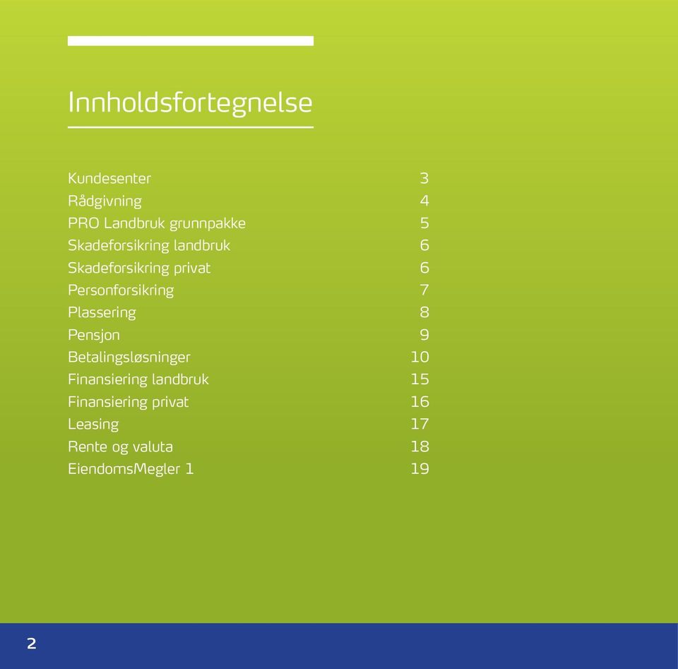 7 Plassering 8 Pensjon 9 Betalingsløsninger 10 Finansiering landbruk 15