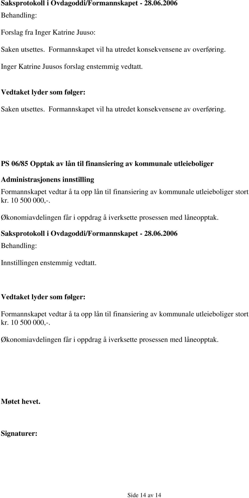 PS 06/85 Opptak av lån til finansiering av kommunale utleieboliger Formannskapet vedtar å ta opp lån til finansiering av kommunale utleieboliger stort kr. 10 500 000,-.