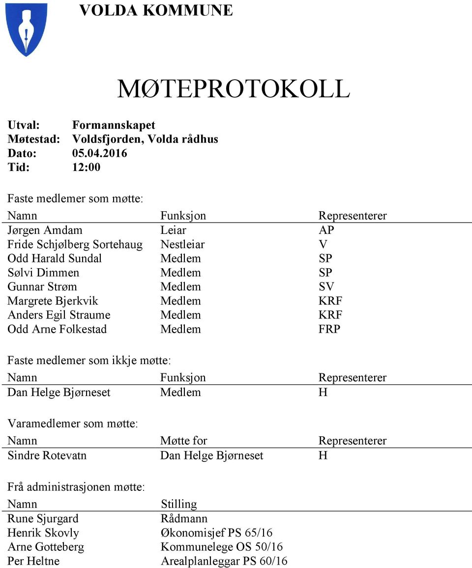 Medlem SP Gunnar Strøm Medlem SV Margrete Bjerkvik Medlem KRF Anders Egil Straume Medlem KRF Odd Arne Folkestad Medlem FRP Faste medlemer som ikkje møtte: Namn Funksjon Representerer