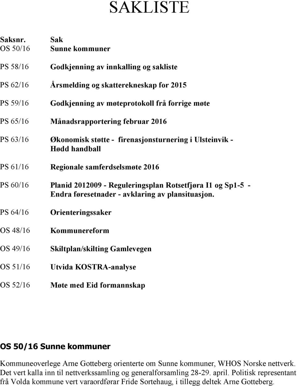 Månadsrapportering februar 2016 PS 63/16 Økonomisk støtte - firenasjonsturnering i Ulsteinvik - Hødd handball PS 61/16 Regionale samferdselsmøte 2016 PS 60/16 Planid 2012009 - Reguleringsplan