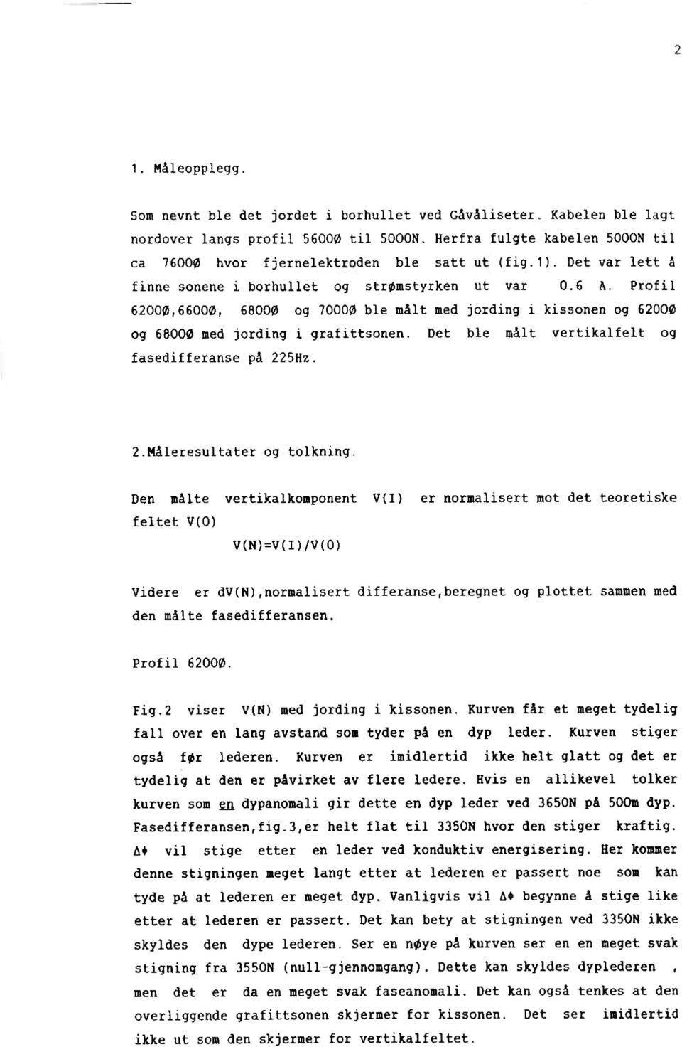 Profil 62000,66000, 68000 og 70000 ble målt med jordingi kissonenog 62000 og 68000 med jordingi grafittsonen. Det ble målt vertikalfelt og fasedifferansepå 225Hz. 2.Måleresultaterog tolkrung.