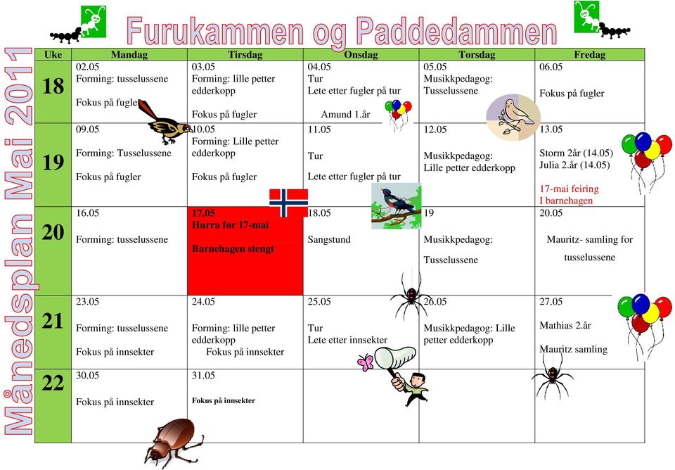 05 Musikkpedagog: Tusselussene 12.05 Musikkpedagog: Lille petter edderkopp 19 Musikkpedagog: Tusselussene 13.05 Storm 2år (14.05) Julia 2.år (14.05) 17-mai feiring I barnehagen 20.