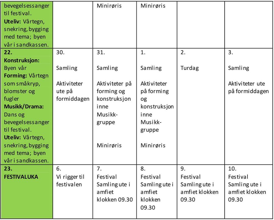 30 1. på forming og 8. Festival ute i amfiet klokken 09.30 2. Turdag 9.