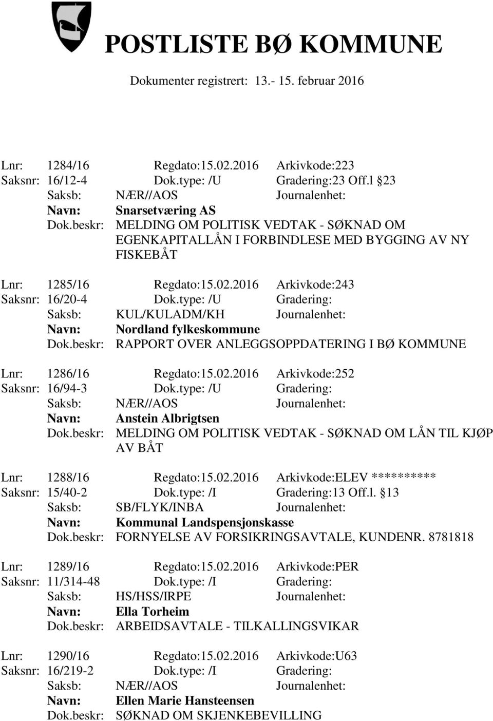 type: /U Gradering: Saksb: KUL/KULADM/KH Journalenhet: Navn: Nordland fylkeskommune Dok.beskr: RAPPORT OVER ANLEGGSOPPDATERING I BØ KOMMUNE Lnr: 1286/16 Regdato:15.02.