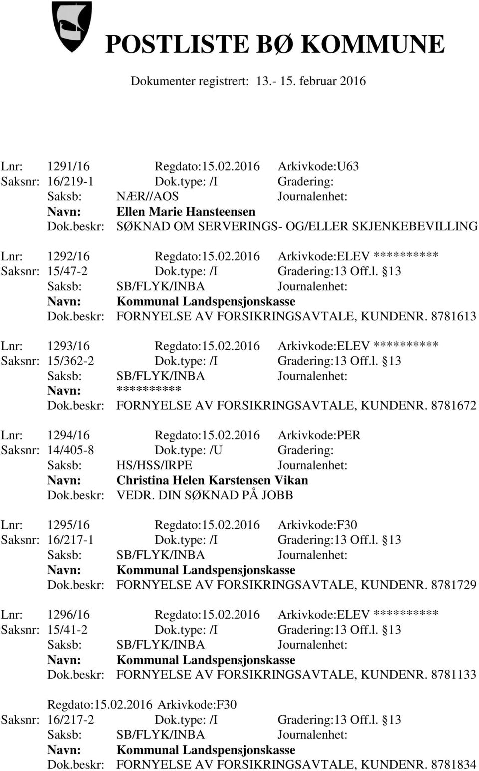 type: /I Gradering:13 Off.l. 13 Navn: ********** Dok.beskr: FORNYELSE AV FORSIKRINGSAVTALE, KUNDENR. 8781672 Lnr: 1294/16 Regdato:15.02.2016 Arkivkode:PER Saksnr: 14/405-8 Dok.