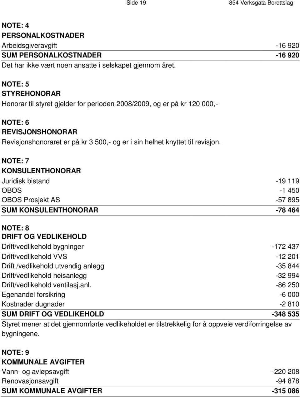 N O T E : 5 S T Y R E H O N O R A R Honorar til styret gjelder for perioden 2008/2009, og er på kr 120 000,- N O T E : 6 R E V I S J O N S H O N O R A R Revisjonshonoraret er på kr 3 500,- og er i