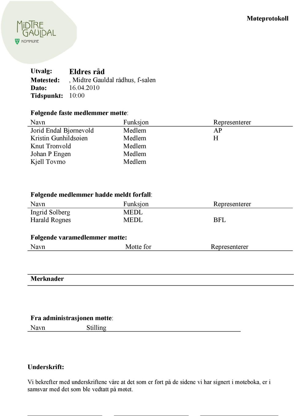 Johan P Engen Medlem Kjell Tovmo Medlem Følgende medlemmer hadde meldt forfall: Navn Funksjon Representerer Ingrid Solberg MEDL Harald Rognes MEDL BFL Følgende